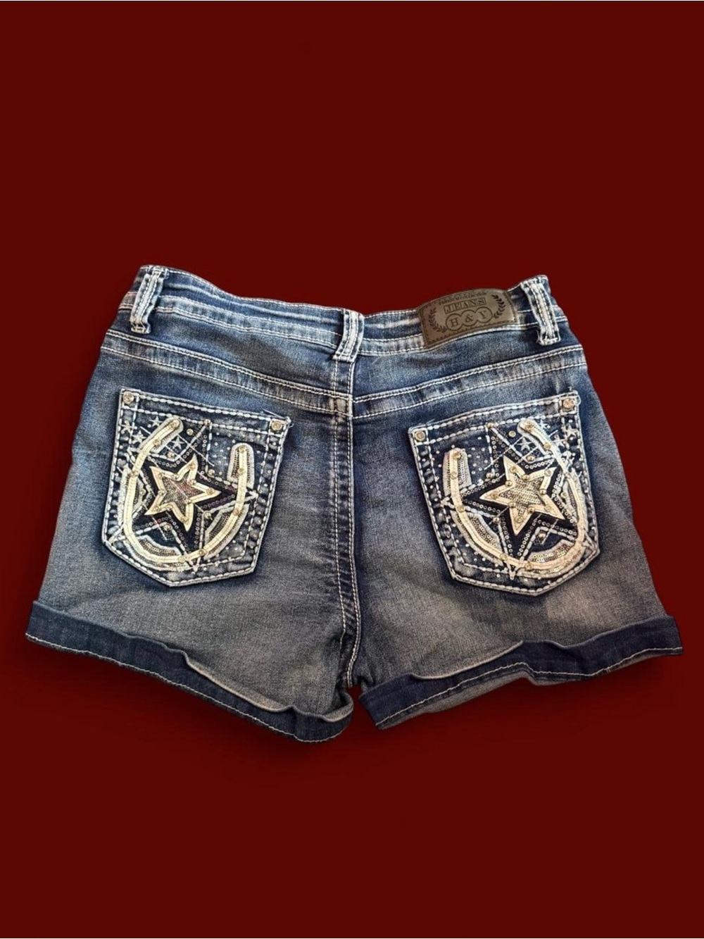 Embellished Star Pocket Denim Shorts - Blue